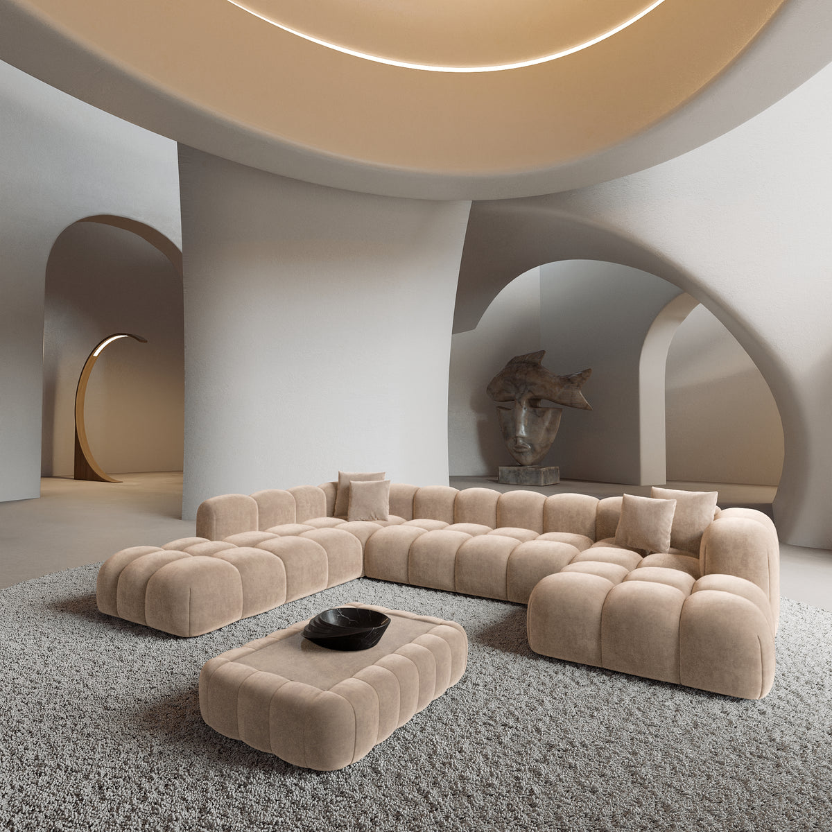 
Divano panoramico di design a 7 posti «Alba Lounge XXL» con rivestimento in velluto - Rivestimento in velluto Beige / Lato lungo a sinistra