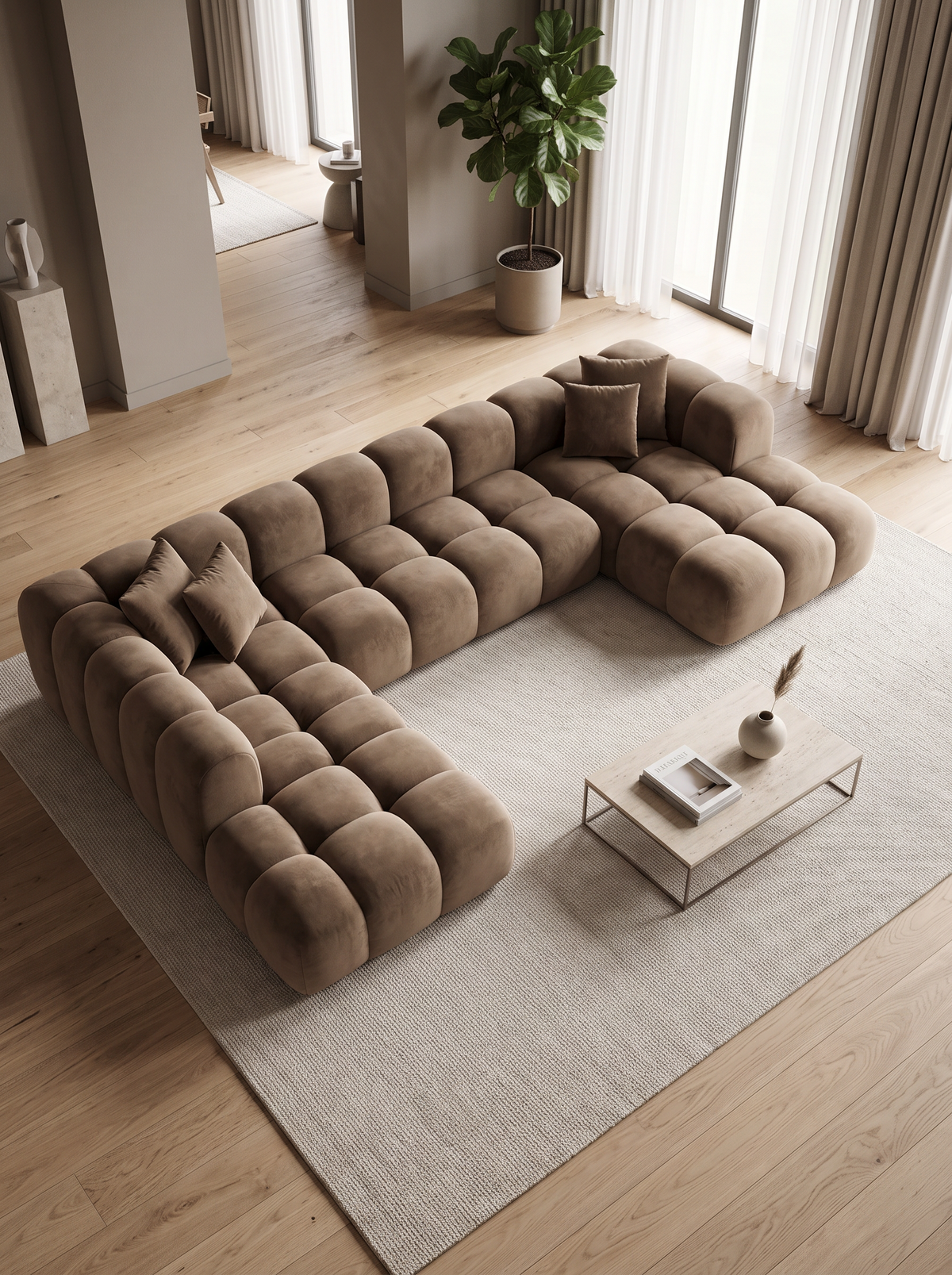 
Divano panoramico di design a 7 posti «Alba Lounge XXL» con rivestimento in velluto - Rivestimento in velluto marrone / Lato lungo a sinistra