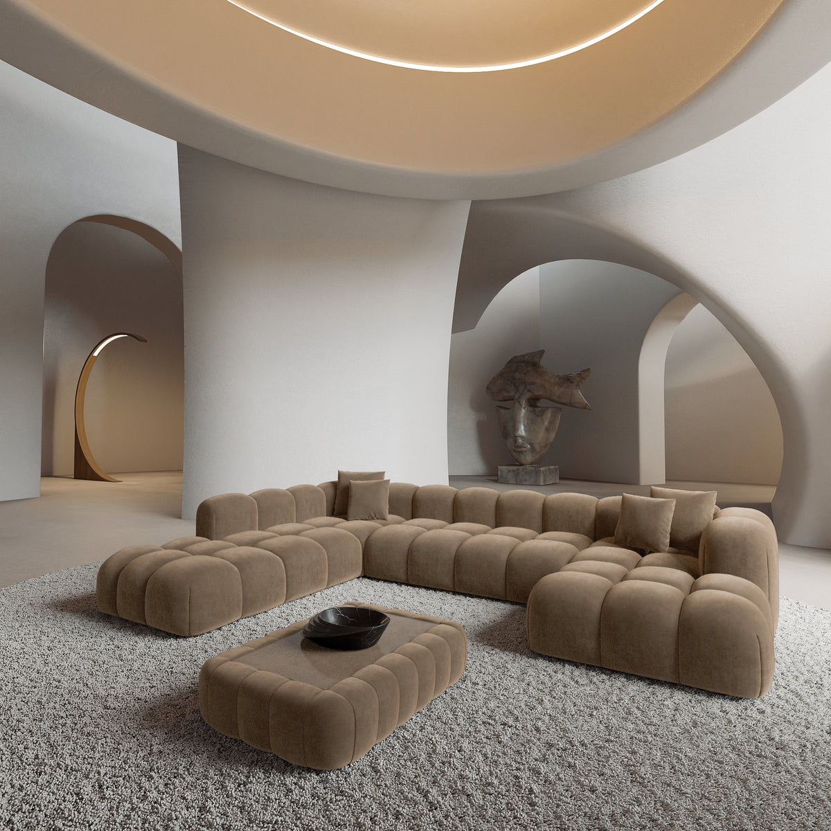 
Divano panoramico di design a 7 posti «Alba Lounge XXL» con rivestimento in velluto - Rivestimento in velluto marrone / Lato lungo a sinistra