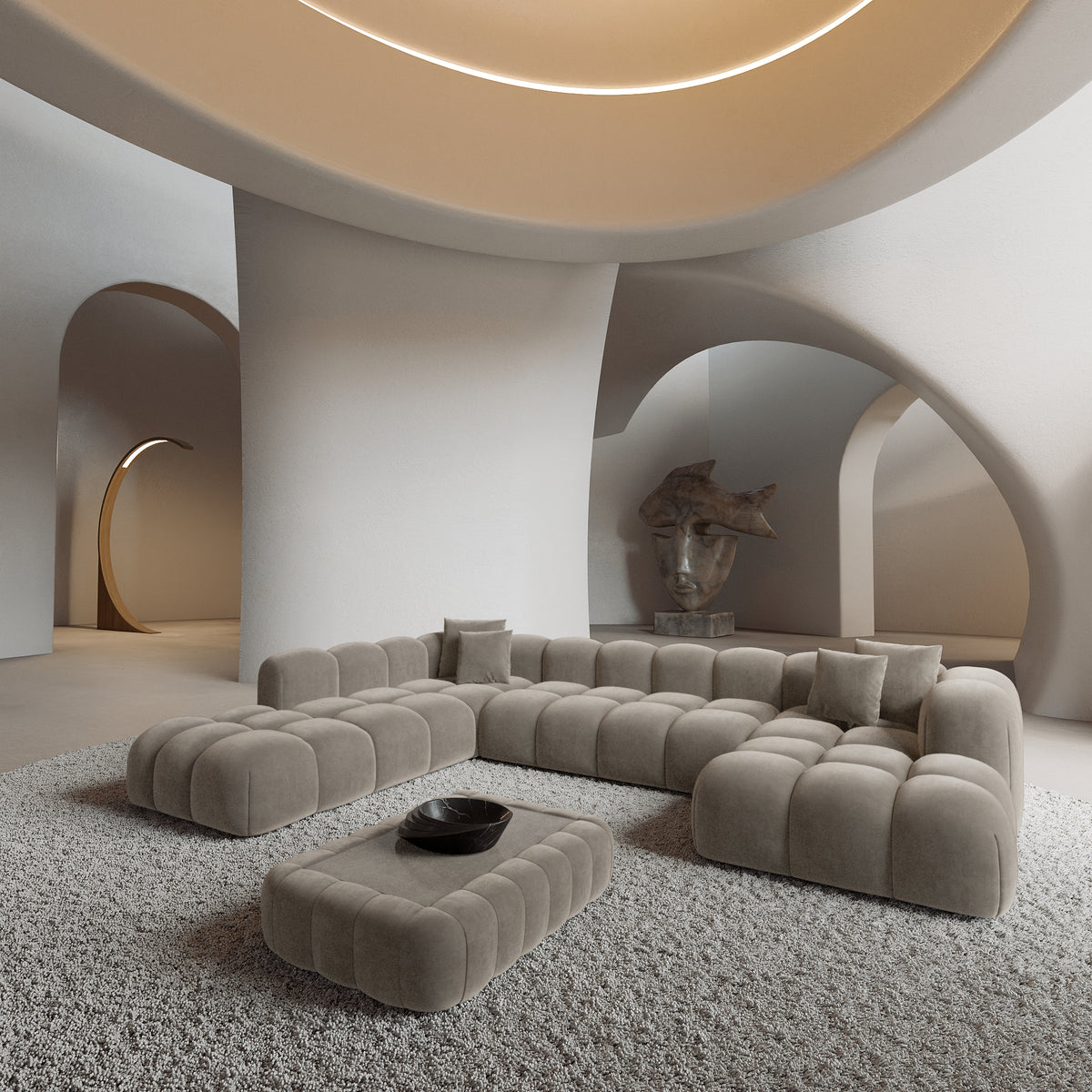 
Divano panoramico di design a 7 posti «Alba Lounge XXL» con rivestimento in velluto - Rivestimento in velluto Beige scuro / Lato lungo a sinistra