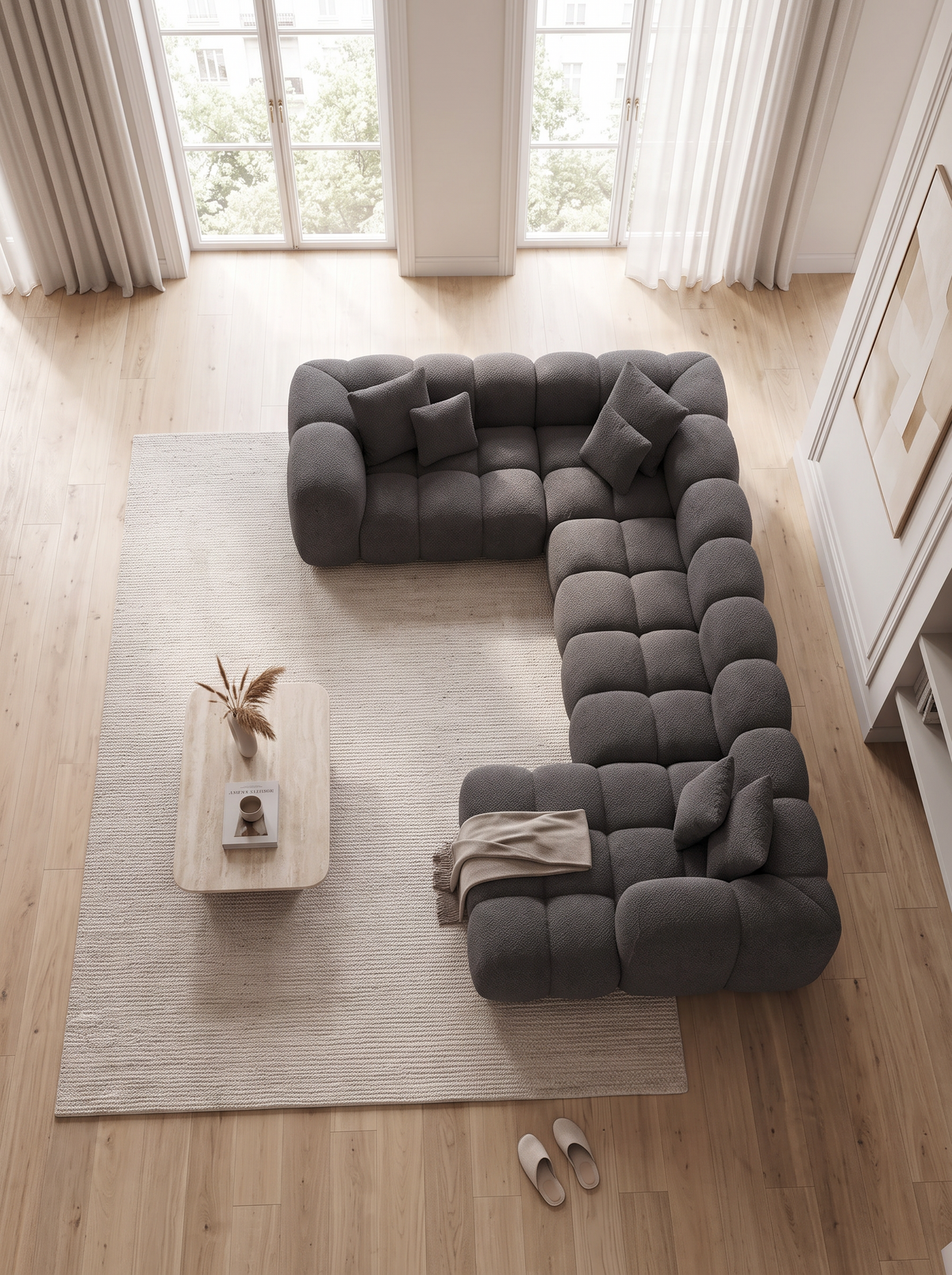 
Divano panoramico di design a 7 posti “Alba XXL” con rivestimento bouclé - Bouclé Grafite / Lato lungo a sinistra