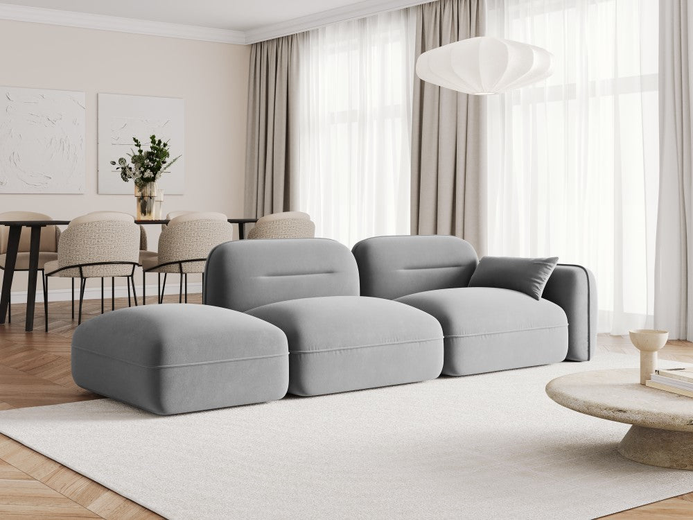 
3-Sitzer Design Sofa „Sydney“ mit Ottomane - Samt Hellgrau / Ottomane links