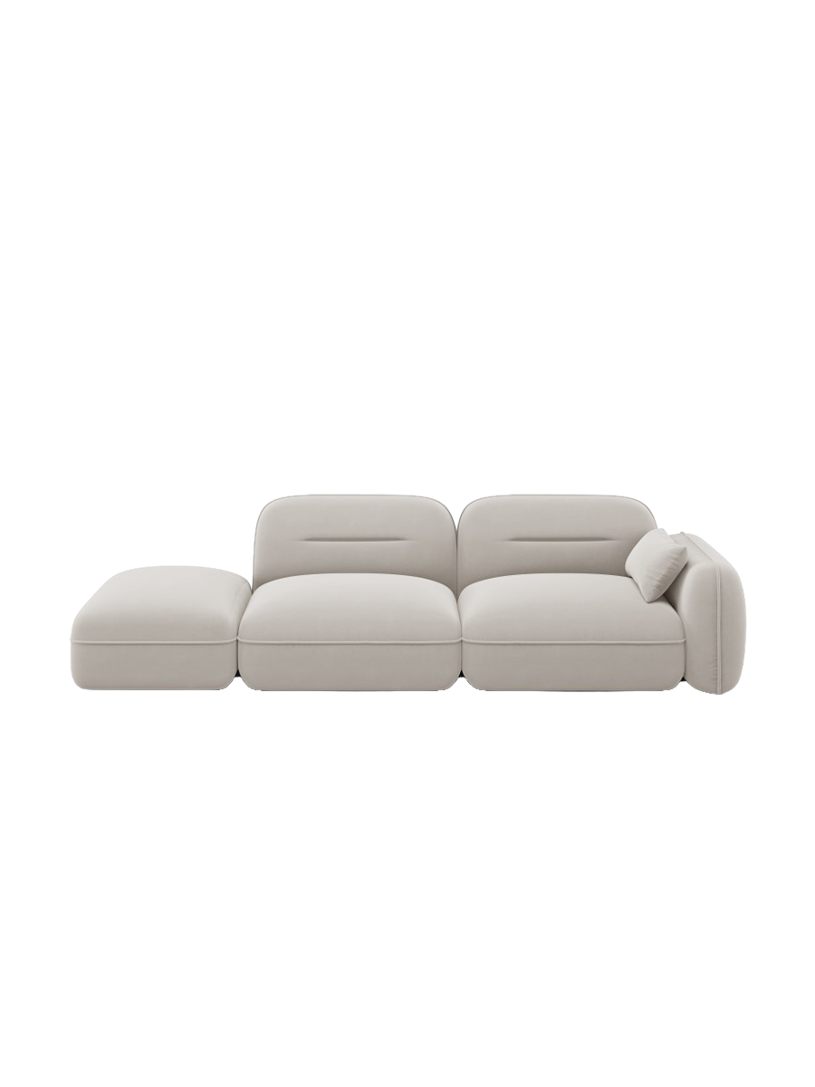 
3-Sitzer Design Sofa „Sydney“ mit Ottomane - Samt Beige hell / Ottomane links
