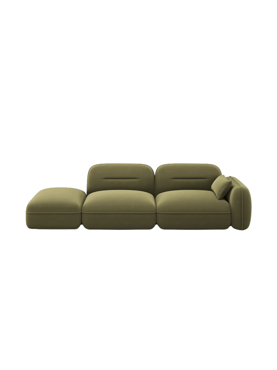 
3-Sitzer Design Sofa „Sydney“ mit Ottomane - Samt Hellgrün / Ottomane links