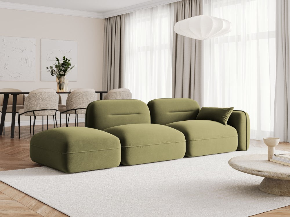 
3-Sitzer Design Sofa „Sydney“ mit Ottomane - Samt Hellgrün / Ottomane links