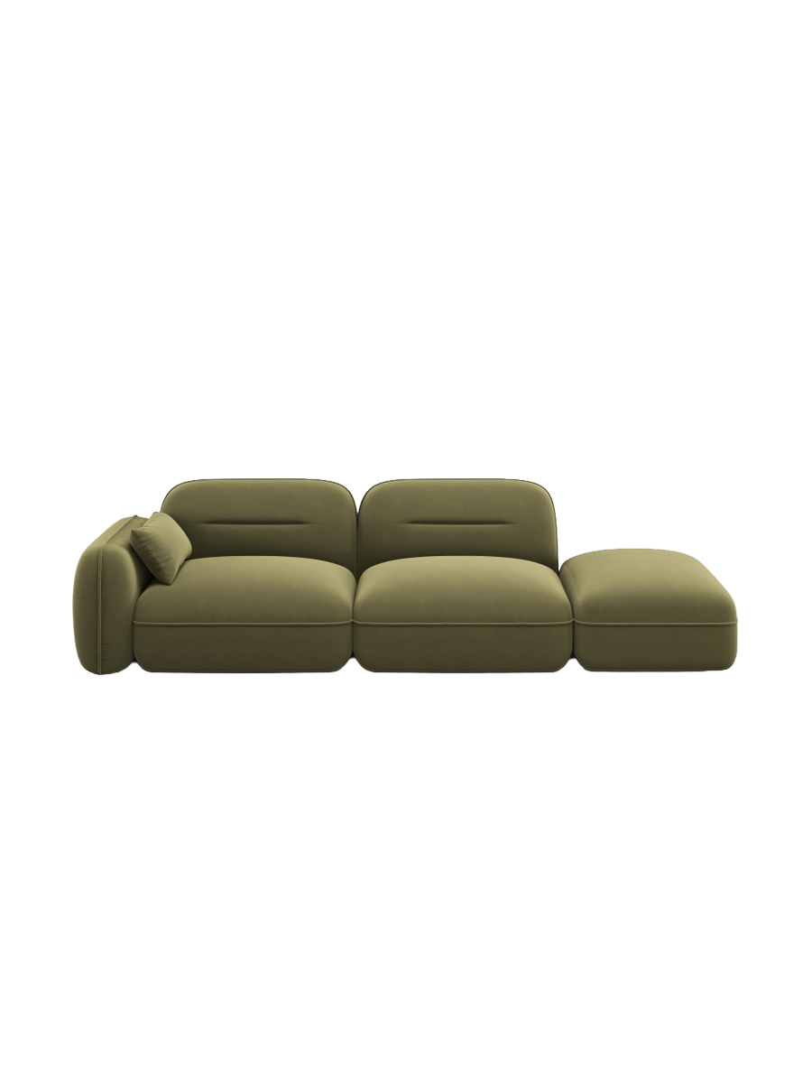 
3-Sitzer Design Sofa „Sydney“ mit Ottomane - Samt Hellgrün / Ottomane rechts