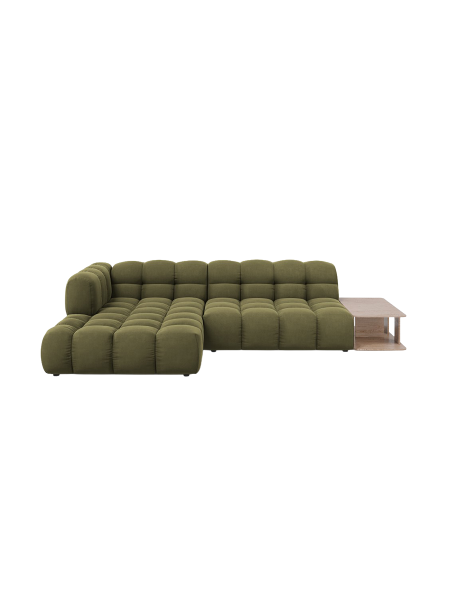 
4-Seater Designer Corner Sofa "Sky" with Side Table - Velvet Light Green / Left corner section