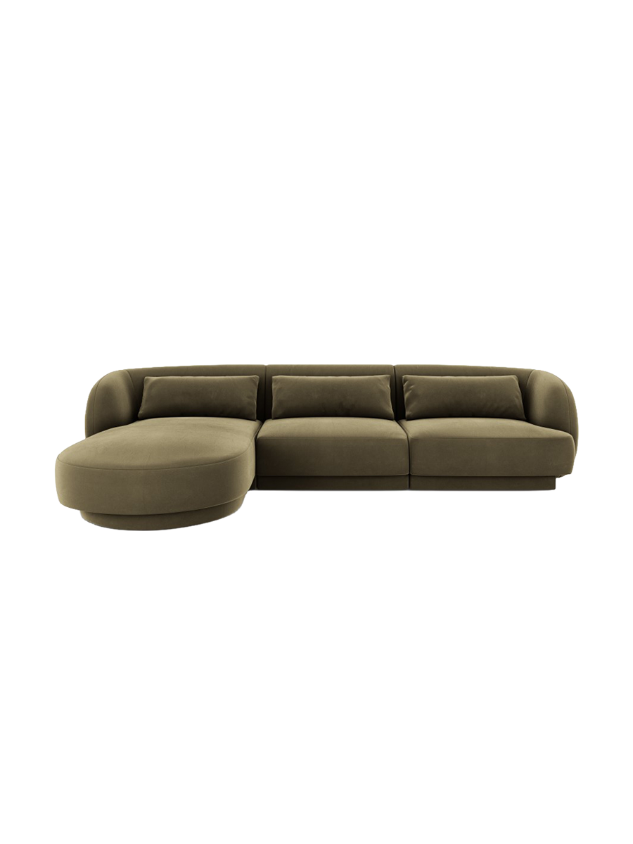 
4-seater designer corner sofa "Tulum" - Velvet Olive Green / Left corner section