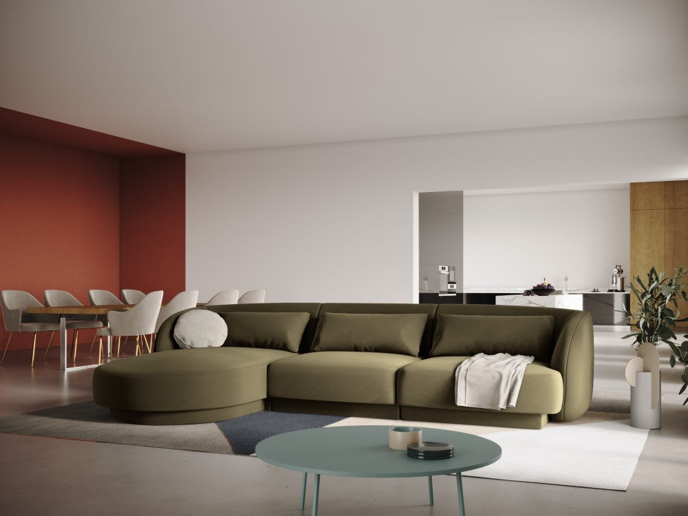 
4-seater designer corner sofa "Tulum" - Velvet Olive Green / Left corner section