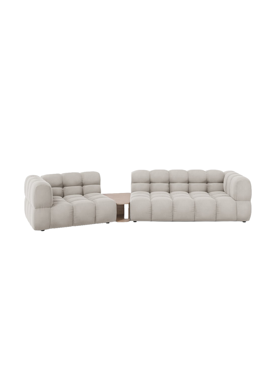 
3-Seater Designer Sofa "Sky" with Side Table - Light Beige Velvet / Rounded side right