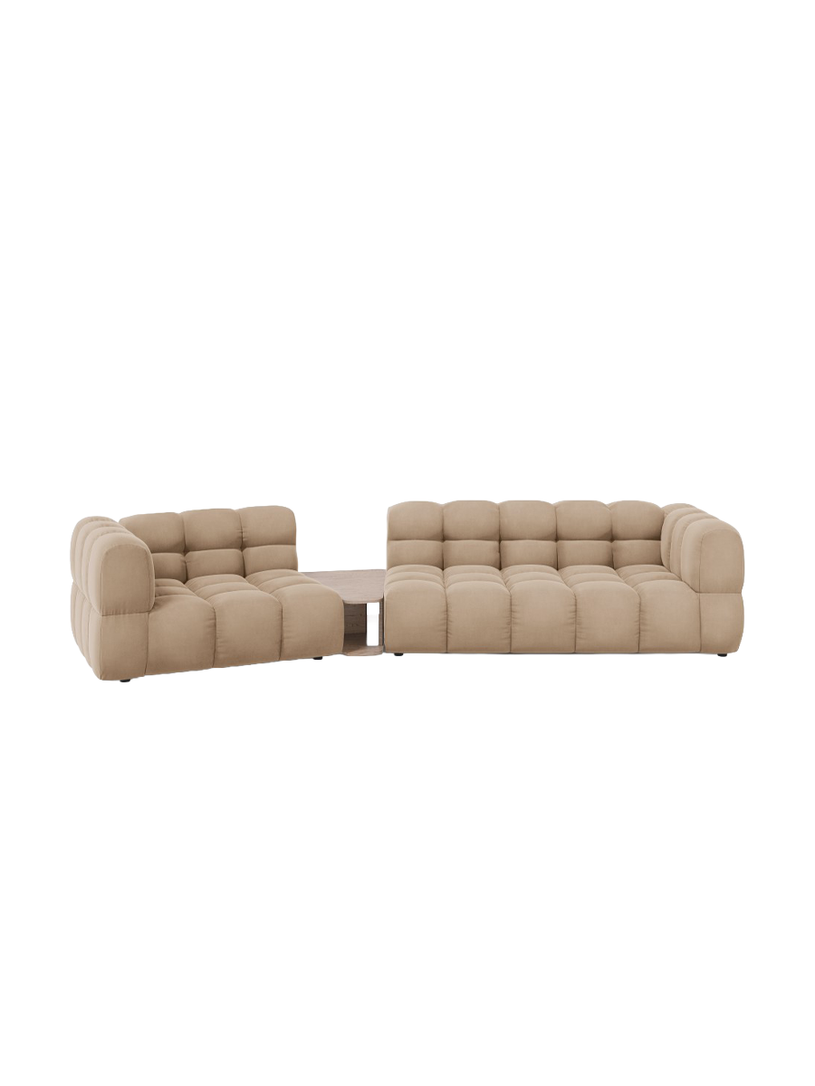 
3-Seater Designer Sofa "Sky" with Side Table - Velvet Sand / Rounded side right