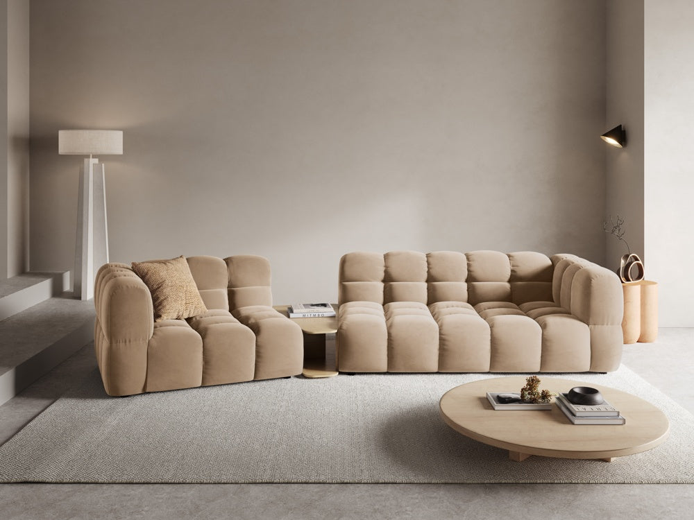 
3-Seater Designer Sofa "Sky" with Side Table - Velvet Sand / Rounded side right