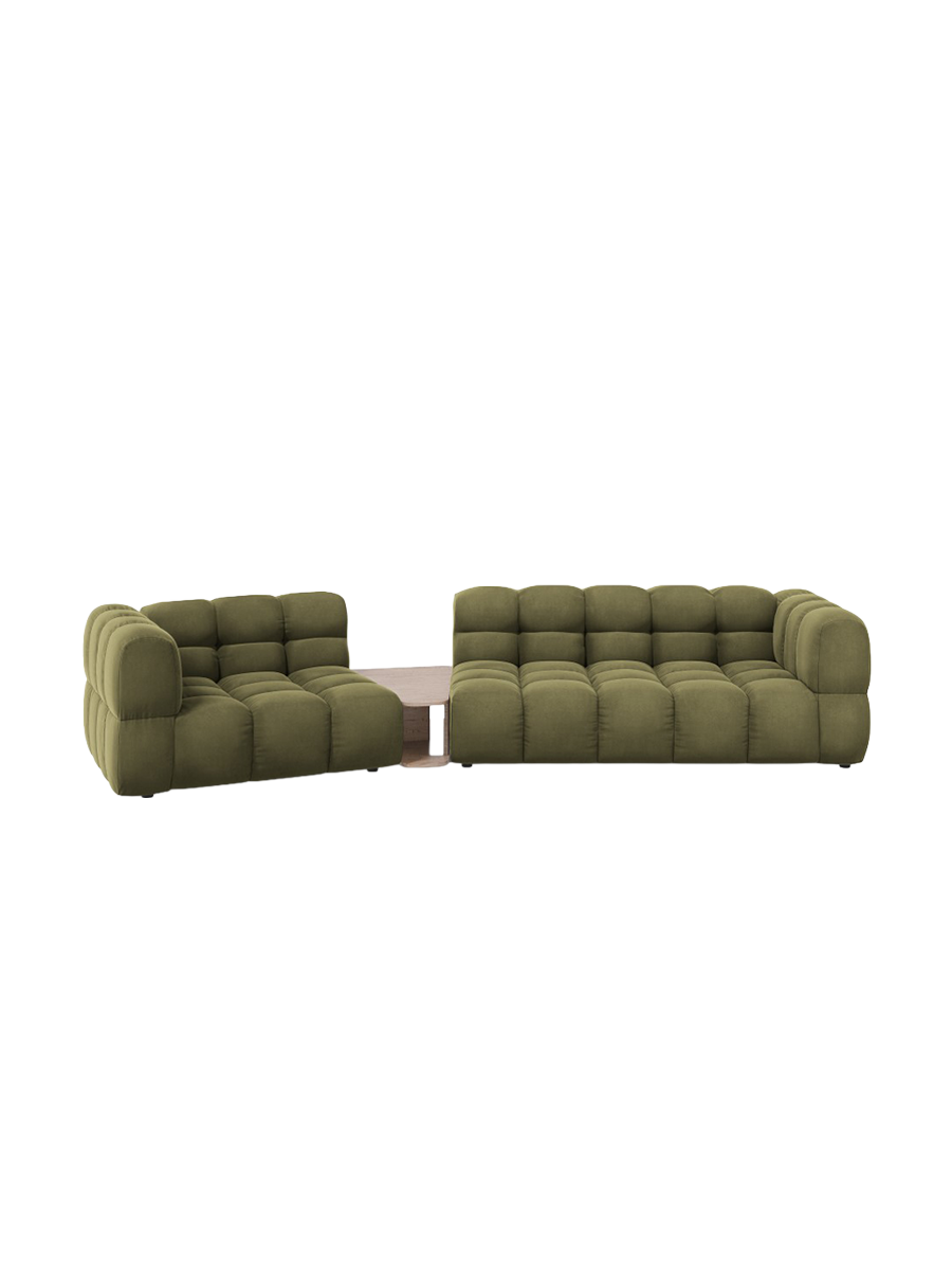 
3-Seater Designer Sofa "Sky" with Side Table - Velvet Light Green / Rounded side right