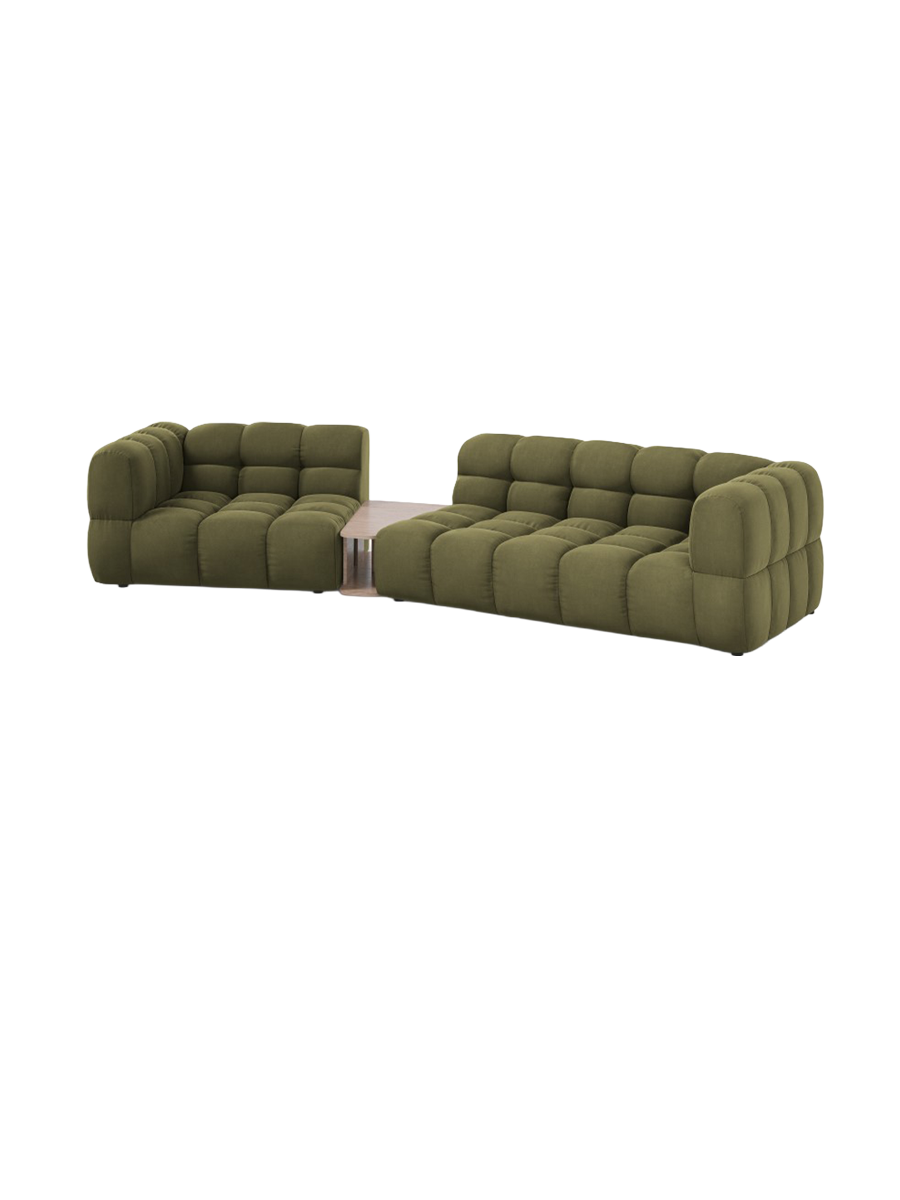 
3-Seater Designer Sofa "Sky" with Side Table - Velvet Light Green / Rounded side right