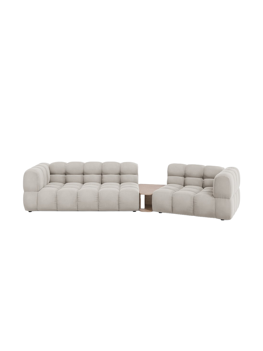 
3-Seater Designer Sofa "Sky" with Side Table - Light Beige Velvet / Rounded side left