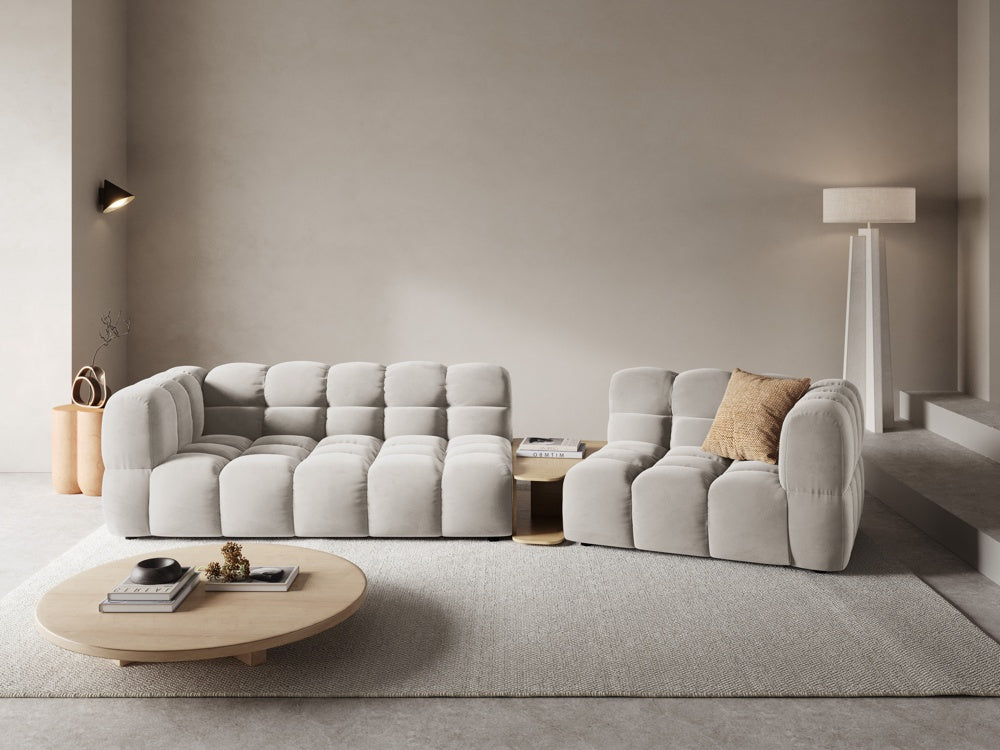 
3-Seater Designer Sofa "Sky" with Side Table - Light Beige Velvet / Rounded side left