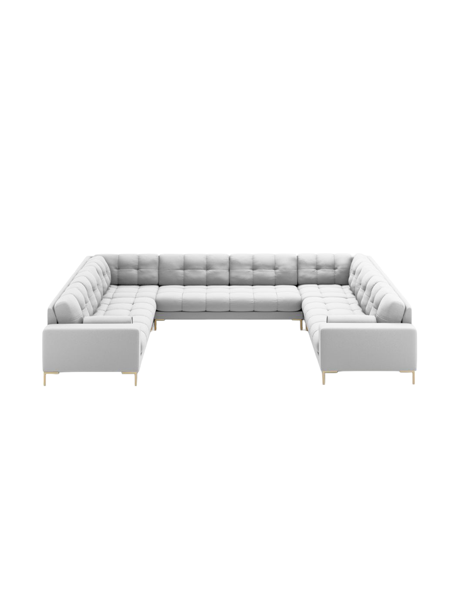 
9-Sitzer Design Panorama-Sofa „Bali“ - Strukturstoff Hellgrau / Gold