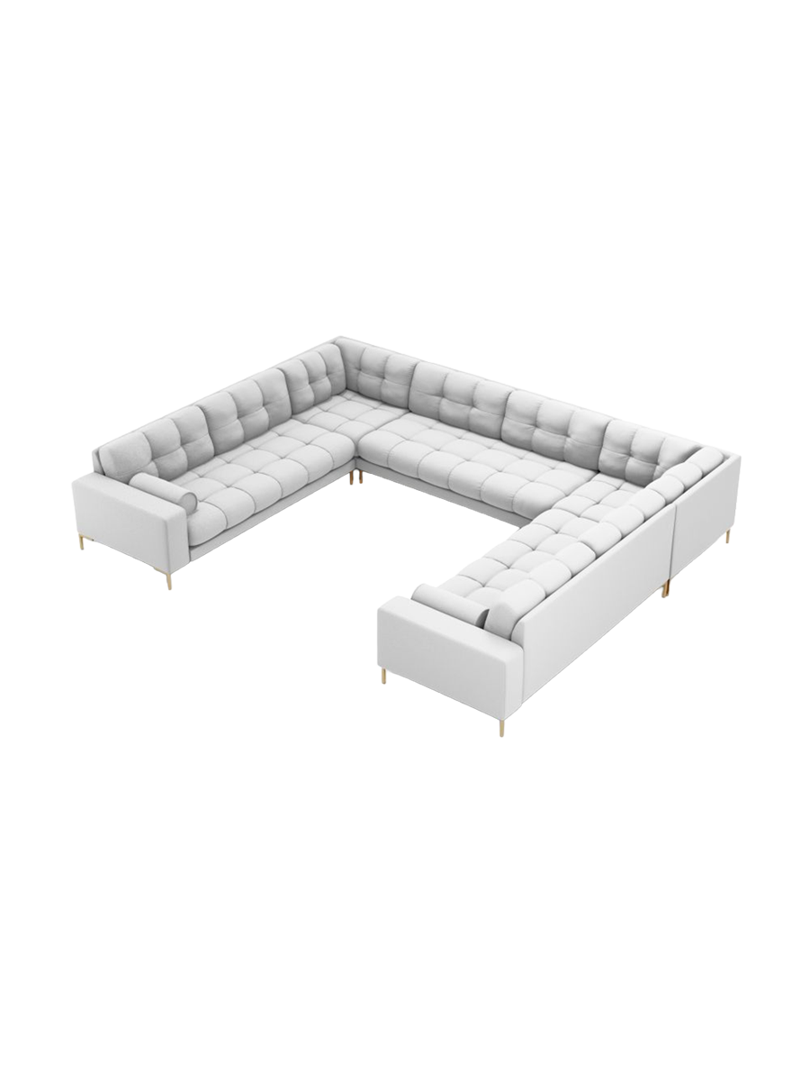 
9-Sitzer Design Panorama-Sofa „Bali“ - Strukturstoff Hellgrau / Gold