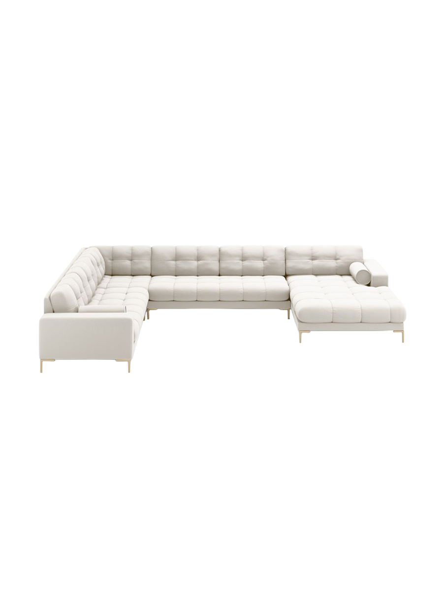 
7-Sitzer Design Panorama-Sofa „Bali II“ - Strukturstoff Beige hell / Gold / Lange Seite links