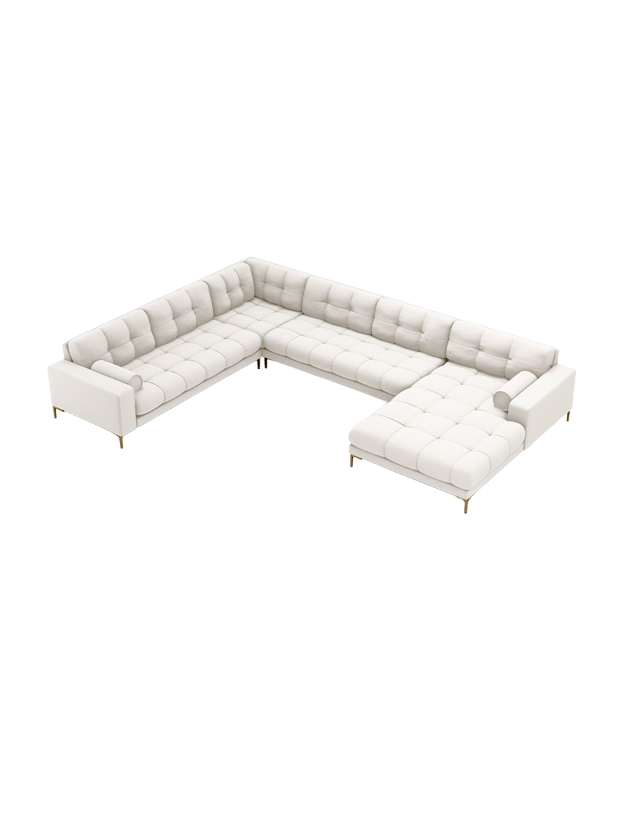 
7-Sitzer Design Panorama-Sofa „Bali II“ - Strukturstoff Beige hell / Gold / Lange Seite links