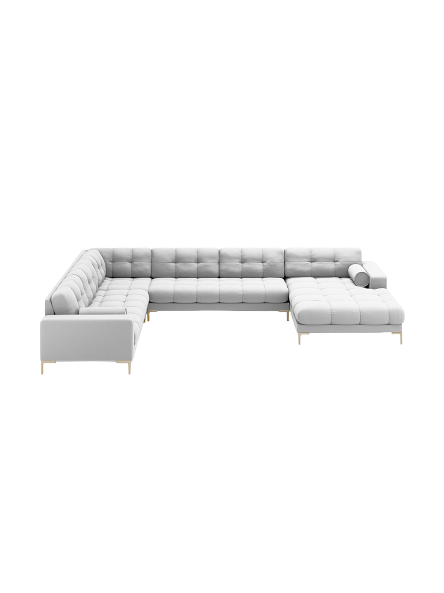 
7-Sitzer Design Panorama-Sofa „Bali II“ - Strukturstoff Hellgrau / Gold / Lange Seite links