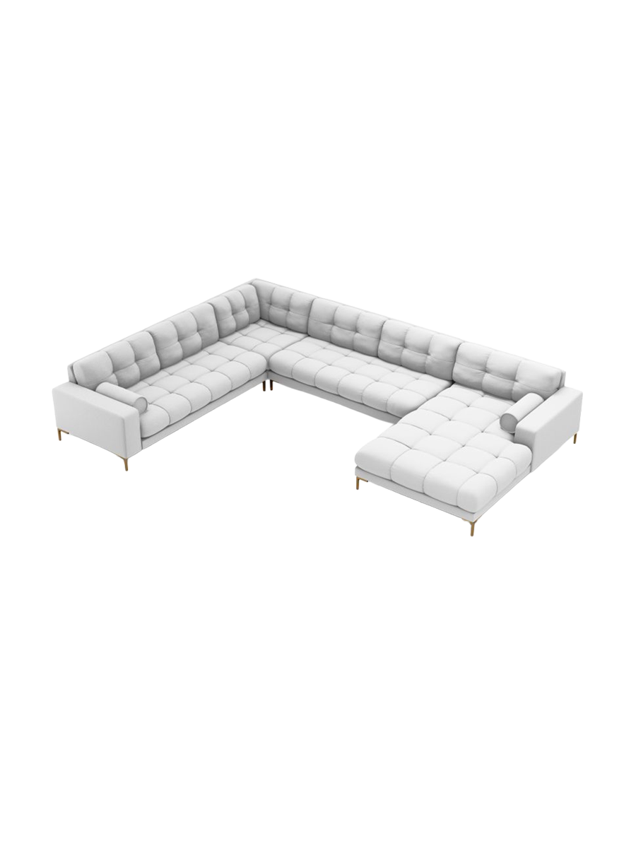 
7-Sitzer Design Panorama-Sofa „Bali II“ - Strukturstoff Hellgrau / Gold / Lange Seite links