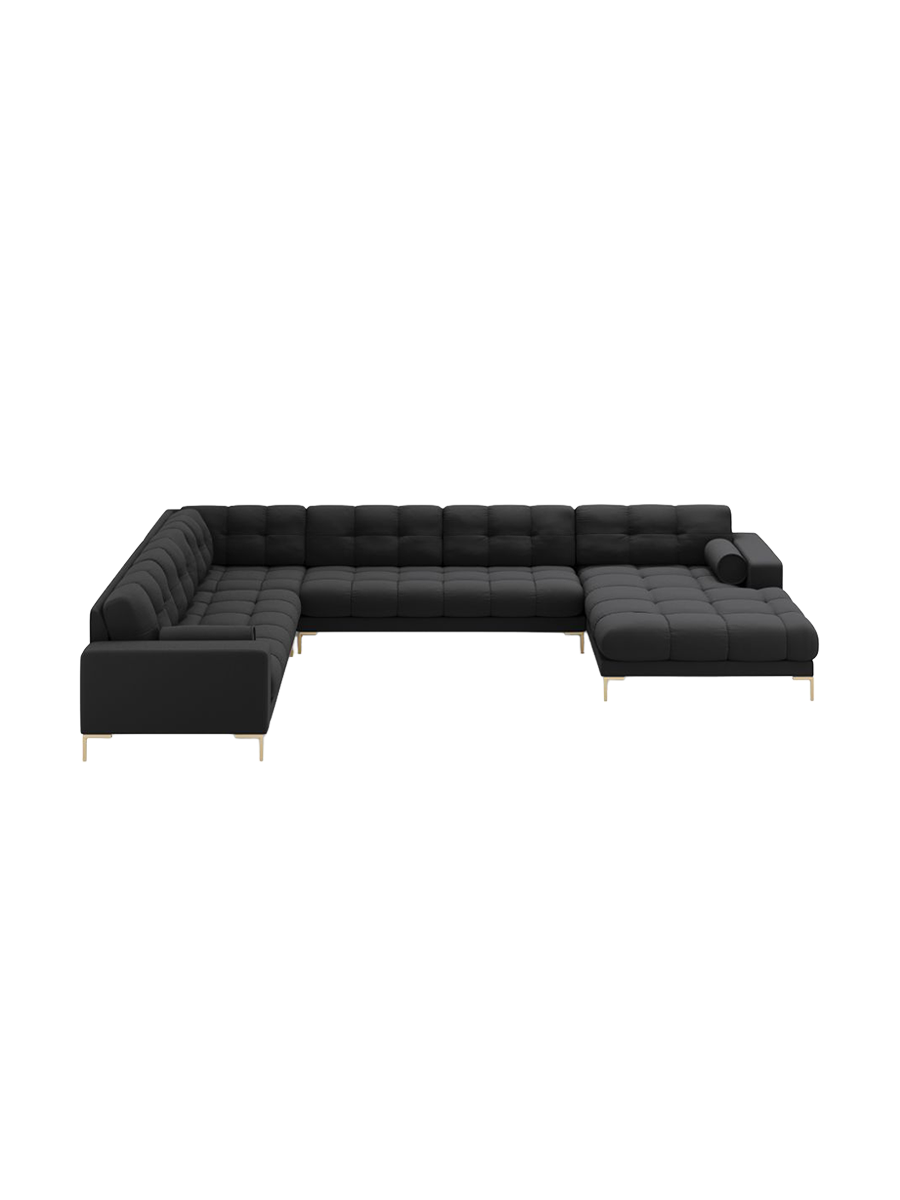 
7-Sitzer Design Panorama-Sofa „Bali II“ - Strukturstoff Dunkelgrau / Gold / Lange Seite links