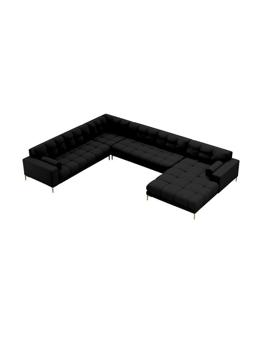 
7-Sitzer Design Panorama-Sofa „Bali II“ - Strukturstoff Schwarz / Gold / Lange Seite links