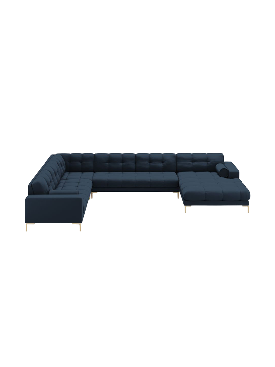 
7-Sitzer Design Panorama-Sofa „Bali II“ - Strukturstoff Blau / Gold / Lange Seite links
