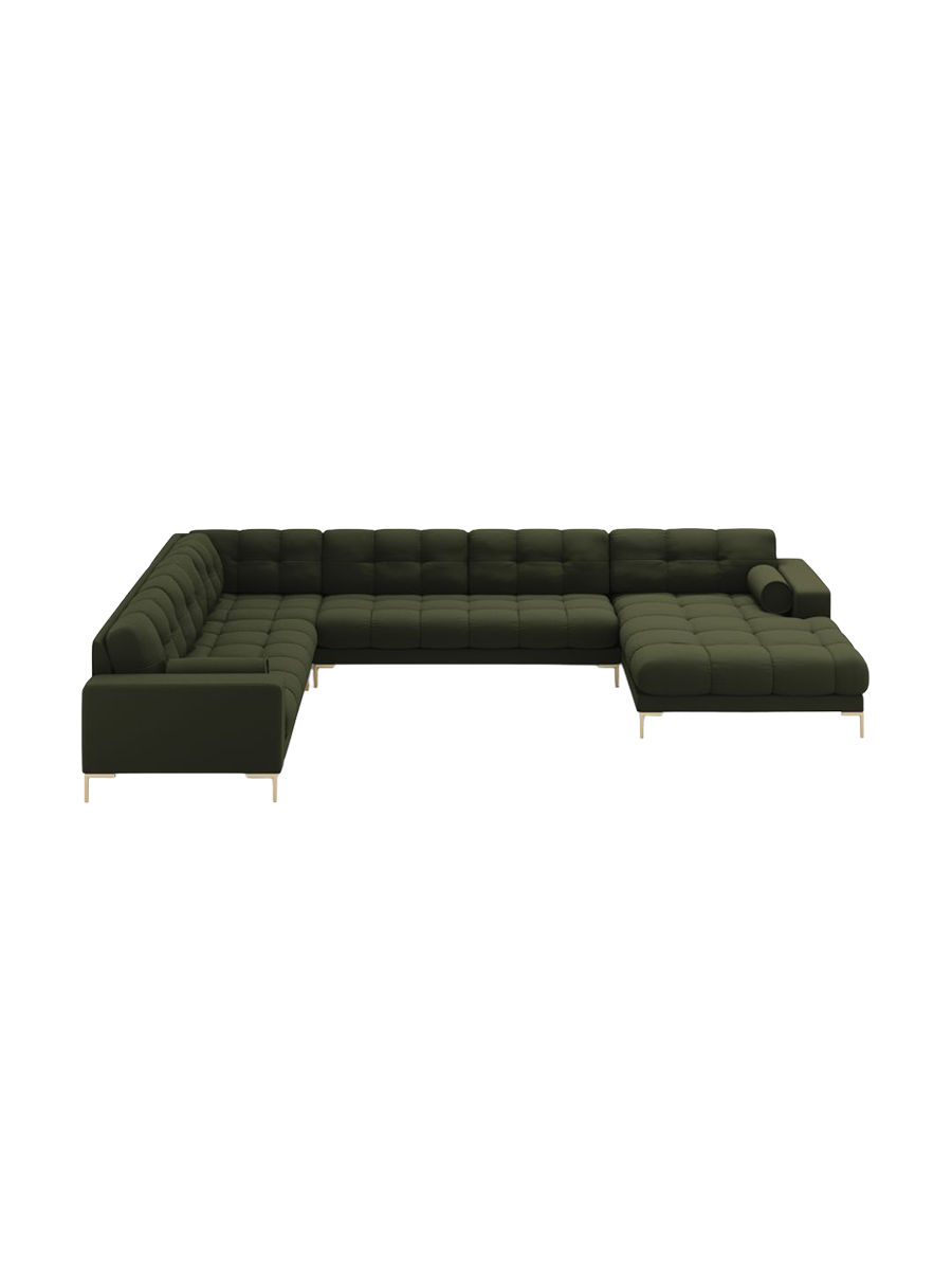 
7-Sitzer Design Panorama-Sofa „Bali II“ - Strukturstoff Grün / Gold / Lange Seite links
