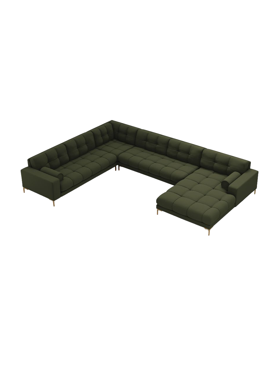 
7-Sitzer Design Panorama-Sofa „Bali II“ - Strukturstoff Grün / Gold / Lange Seite links