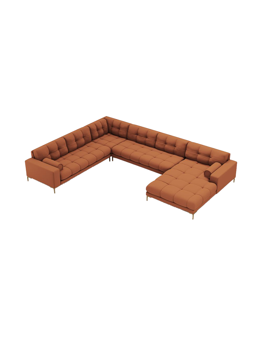 
7-Sitzer Design Panorama-Sofa „Bali II“ - Strukturstoff Brick / Gold / Lange Seite links