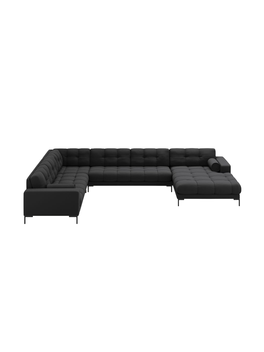 
7-Sitzer Design Panorama-Sofa „Bali II“ - Strukturstoff Dunkelgrau / Schwarz / Lange Seite links