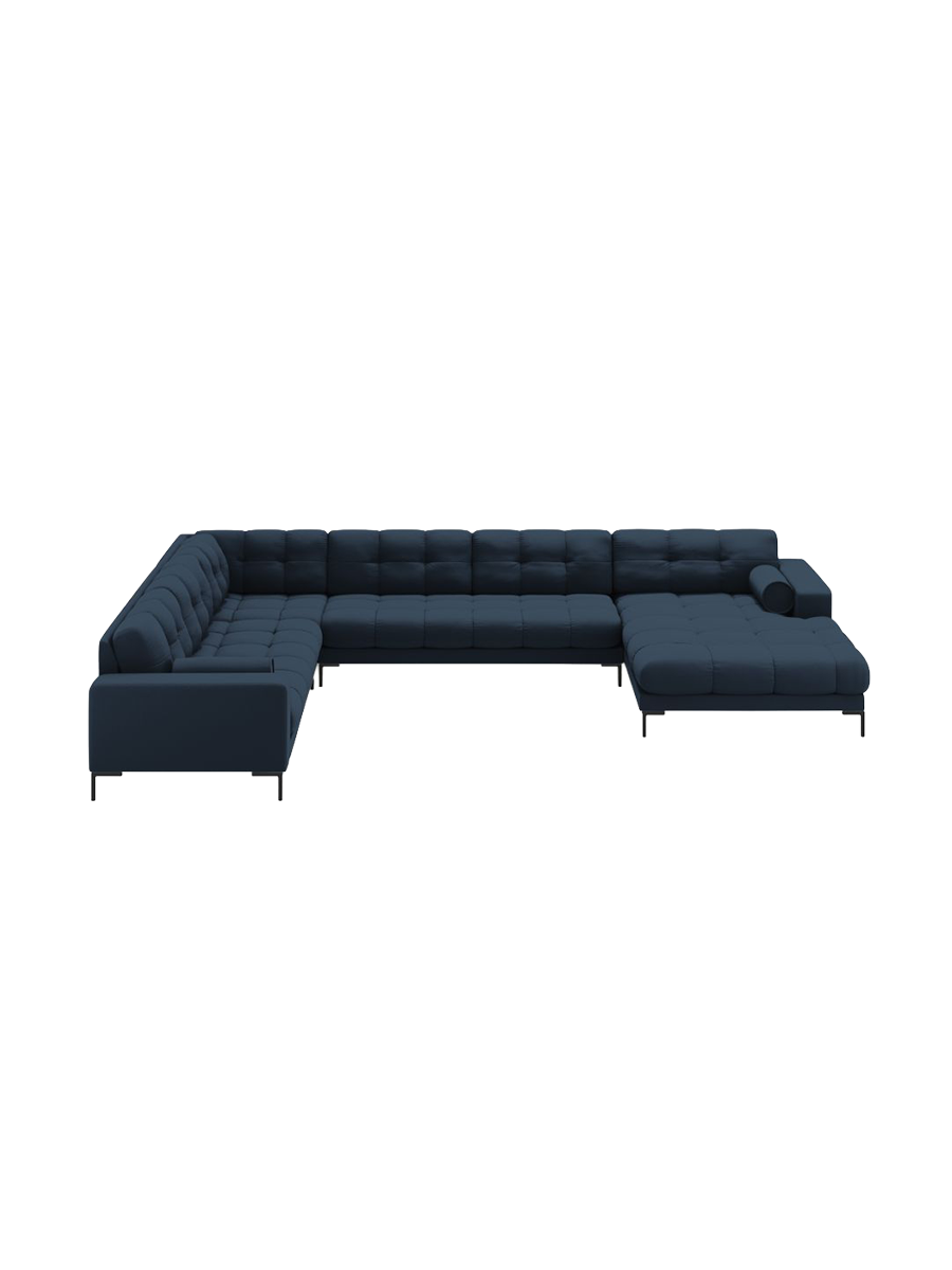
7-Sitzer Design Panorama-Sofa „Bali II“ - Strukturstoff Blau / Schwarz / Lange Seite links