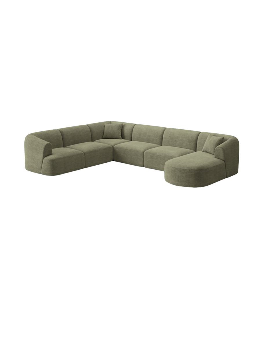 
7-Seater Designer Panoramic Sofa "Campi" - Cord Moss Green / long side left
