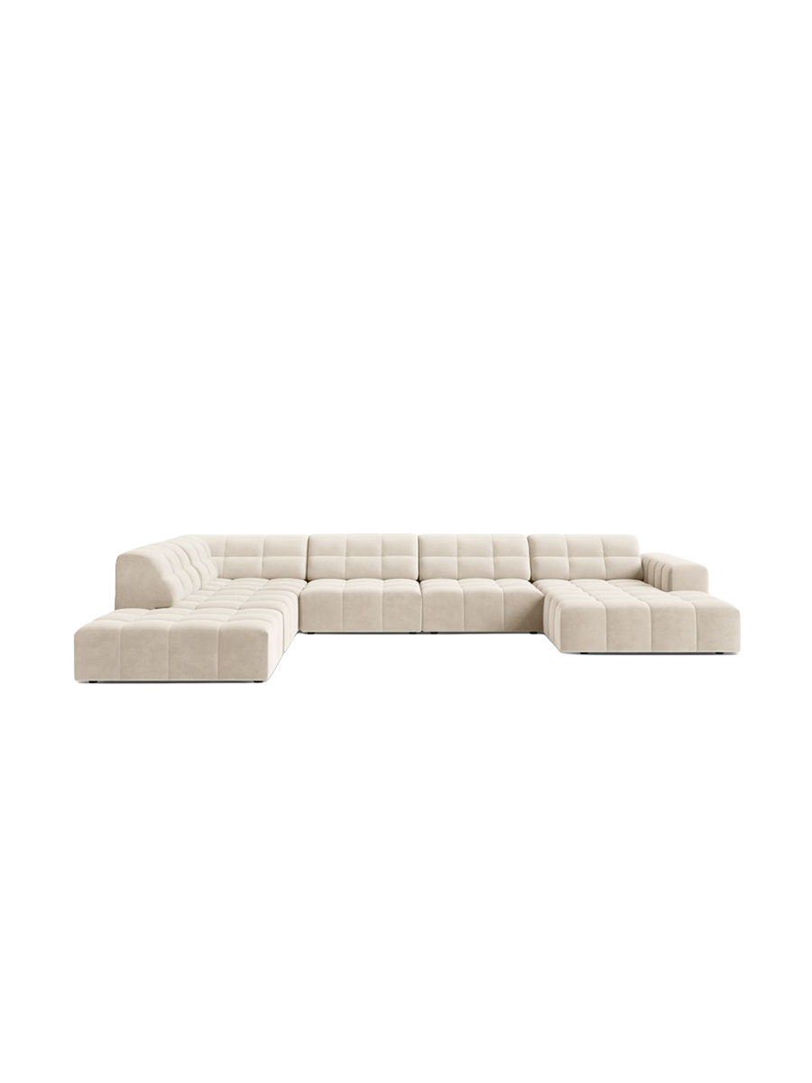 
7-Seater Designer Panoramic Sofa "Chicago" - Light Beige Velvet / long side left