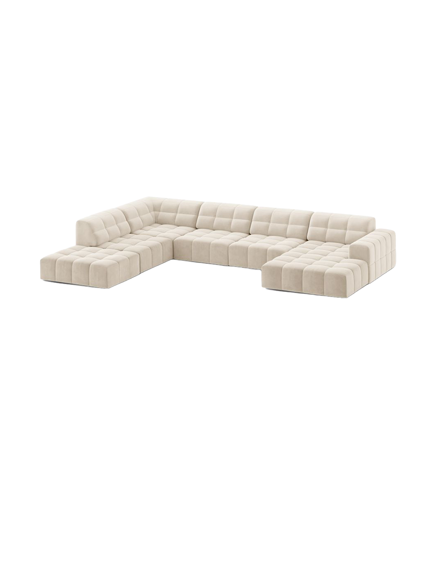 
7-Seater Designer Panoramic Sofa "Chicago" - Light Beige Velvet / long side left
