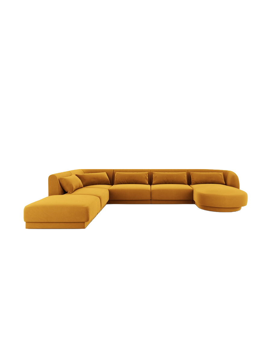 
6-Seater Designer Panorama Sofa "Tulum" - Velvet Mustard Yellow / long side left