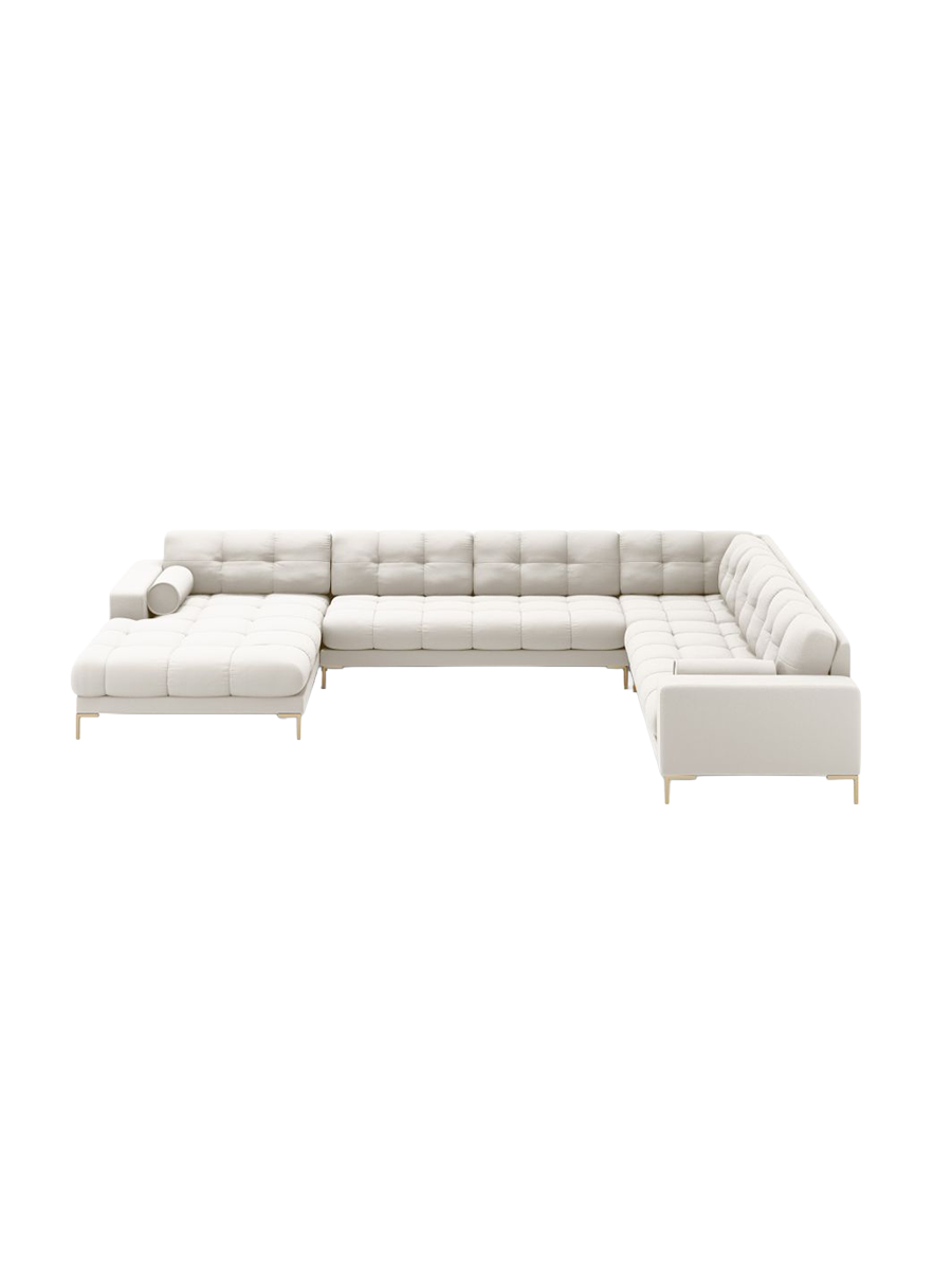 
7-Sitzer Design Panorama-Sofa „Bali II“ - Strukturstoff Beige hell / Gold / Lange Seite rechts