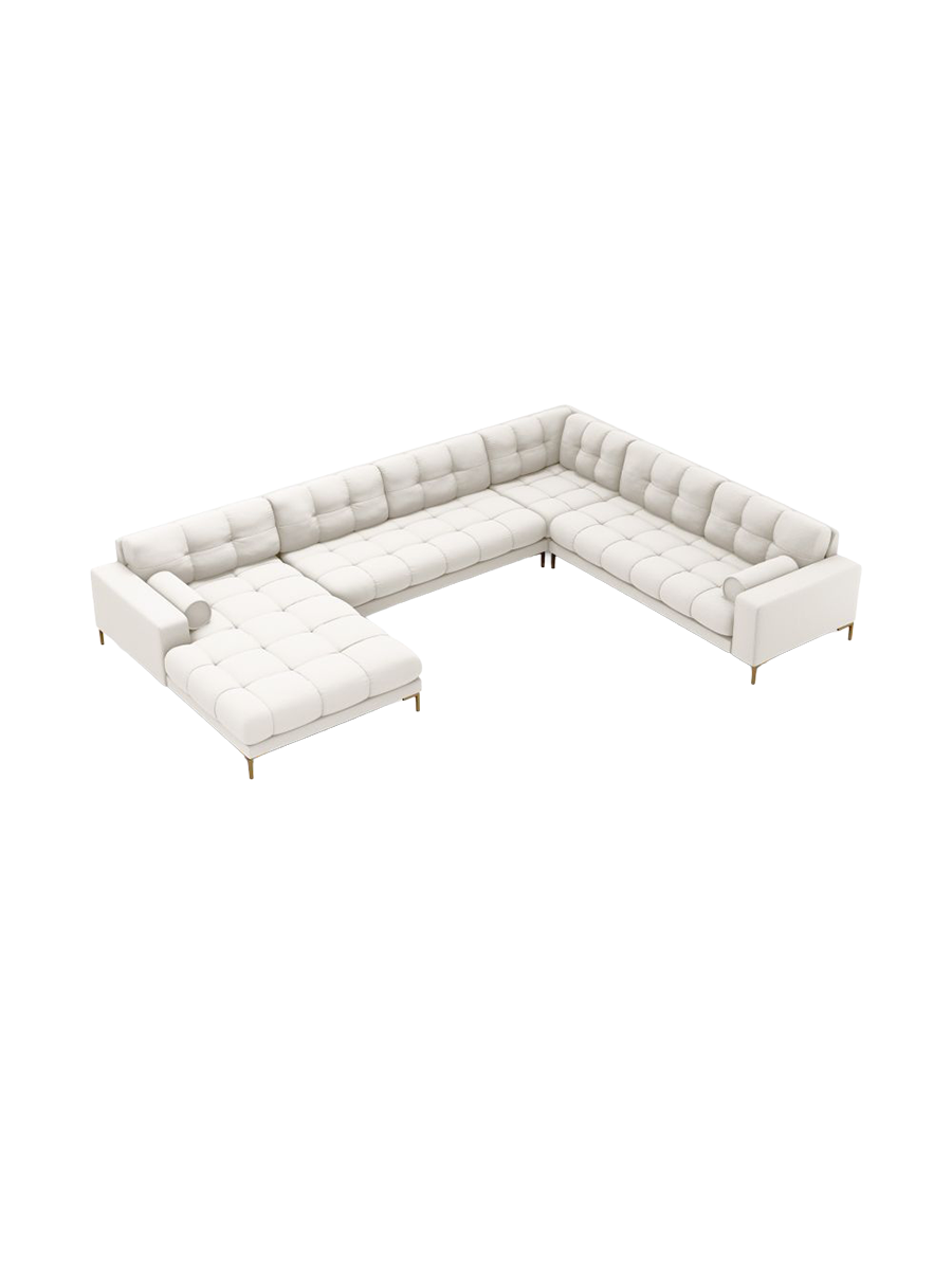 
7-Sitzer Design Panorama-Sofa „Bali II“ - Strukturstoff Beige hell / Gold / Lange Seite rechts