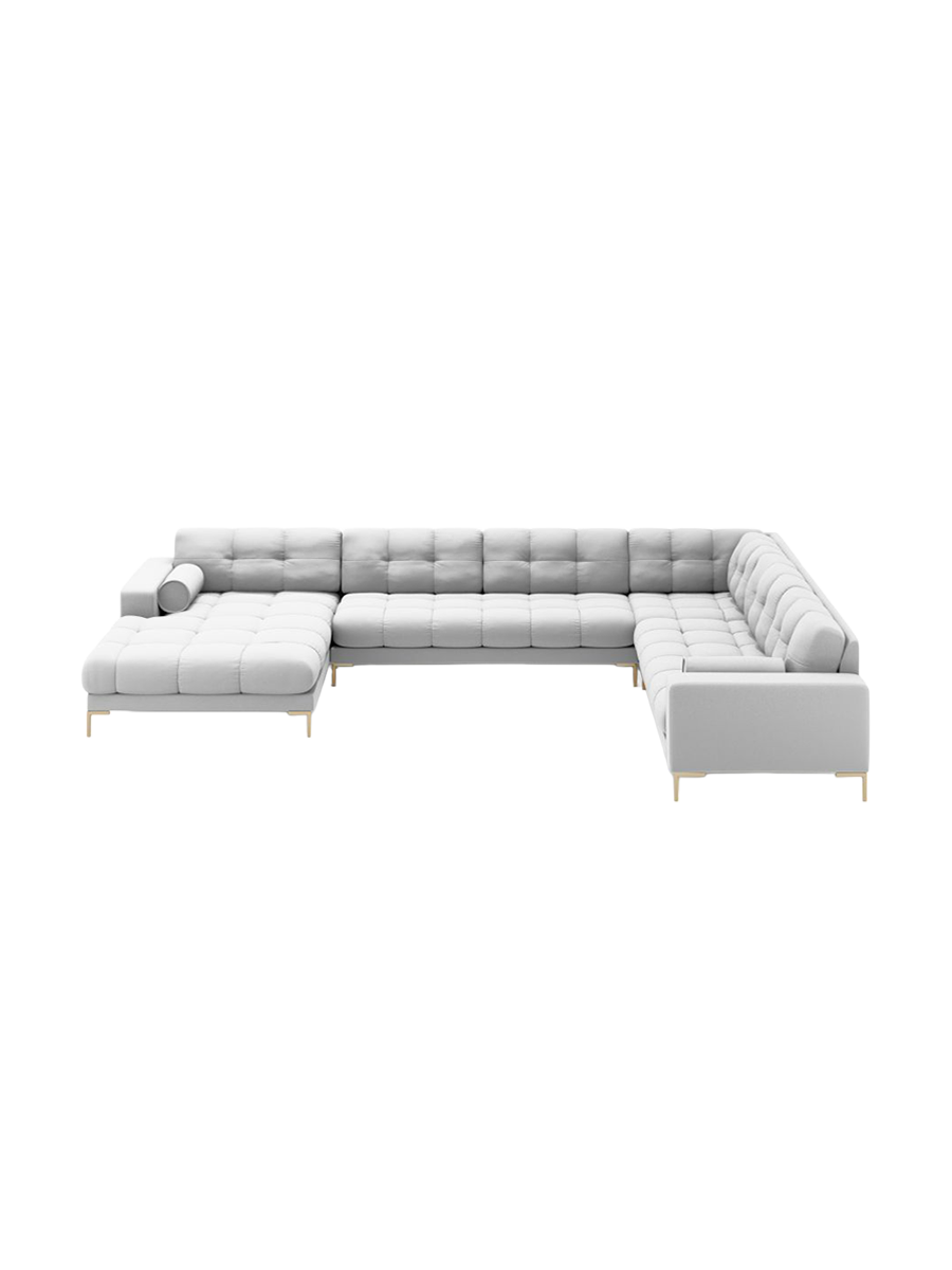 
7-Sitzer Design Panorama-Sofa „Bali II“ - Strukturstoff Hellgrau / Gold / Lange Seite rechts