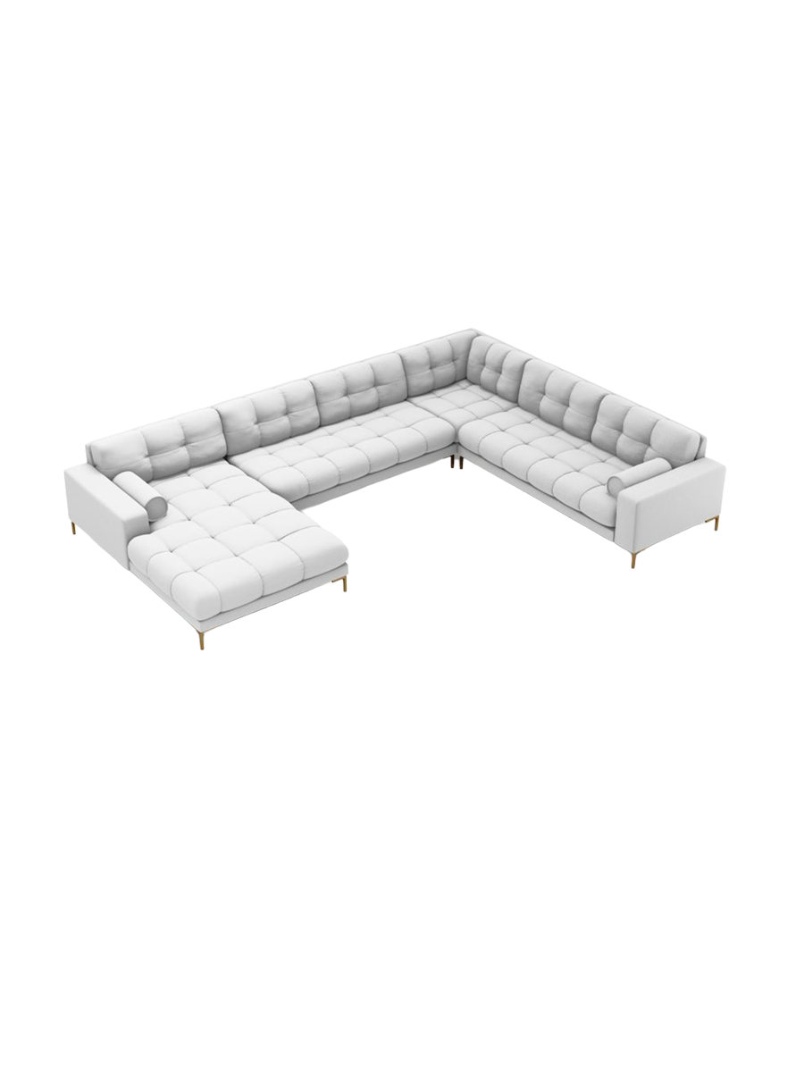 
7-Sitzer Design Panorama-Sofa „Bali II“ - Strukturstoff Hellgrau / Gold / Lange Seite rechts