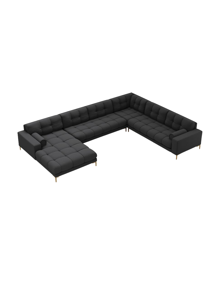 
7-Sitzer Design Panorama-Sofa „Bali II“ - Strukturstoff Dunkelgrau / Gold / Lange Seite rechts