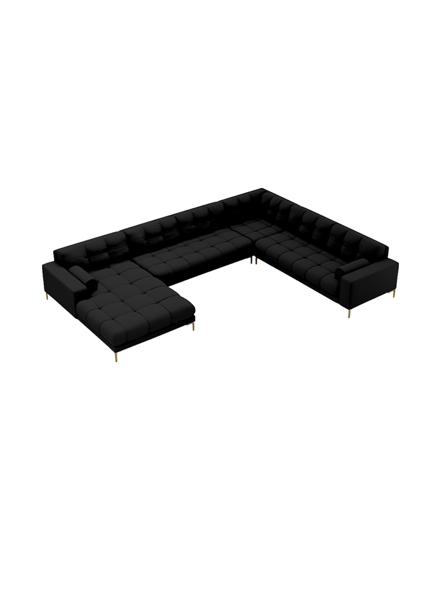 
7-Sitzer Design Panorama-Sofa „Bali II“ - Strukturstoff Schwarz / Gold / Lange Seite rechts