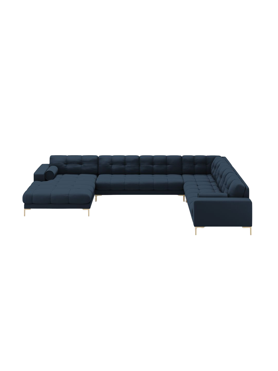 
7-Sitzer Design Panorama-Sofa „Bali II“ - Strukturstoff Blau / Gold / Lange Seite rechts