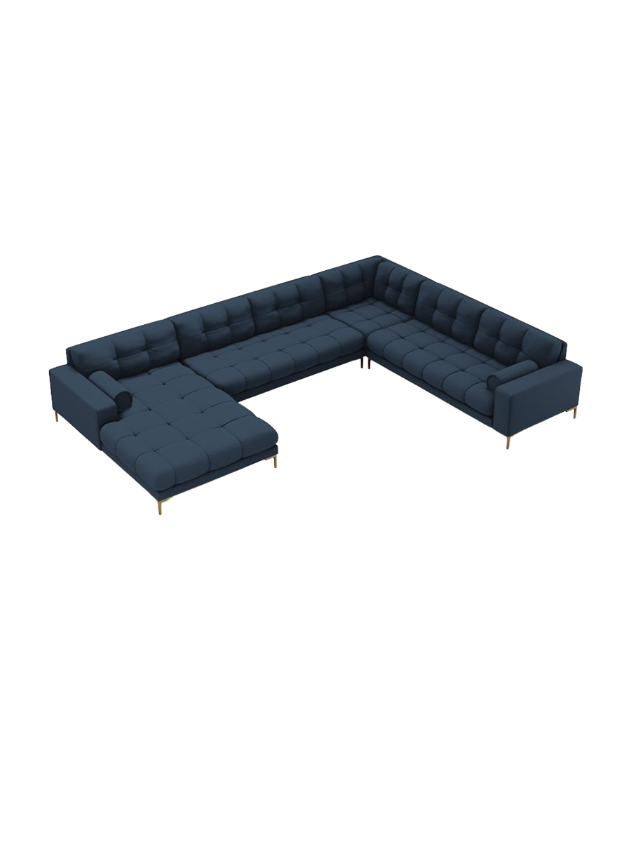 
7-Sitzer Design Panorama-Sofa „Bali II“ - Strukturstoff Blau / Gold / Lange Seite rechts