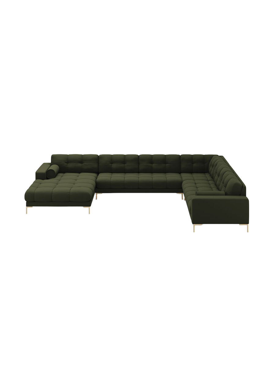 
7-Sitzer Design Panorama-Sofa „Bali II“ - Strukturstoff Grün / Gold / Lange Seite rechts