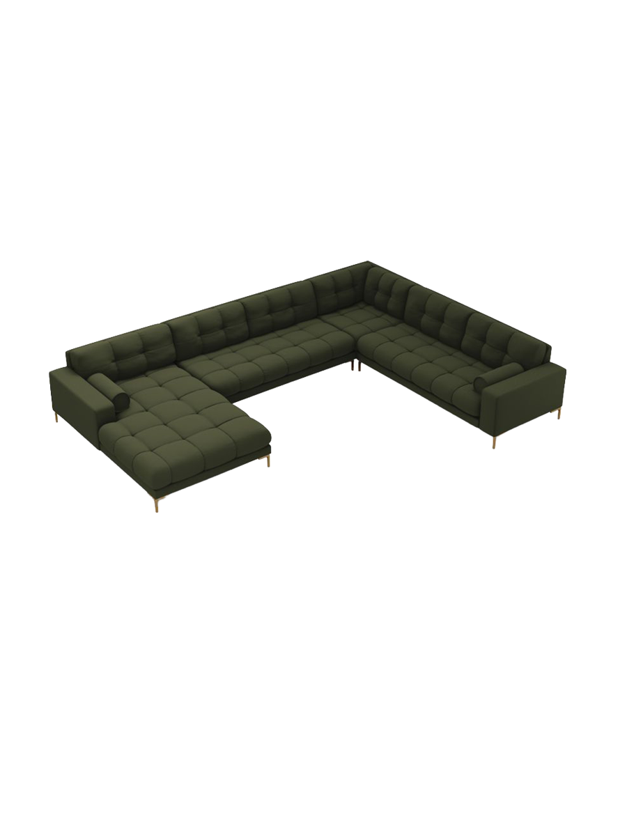 
7-Sitzer Design Panorama-Sofa „Bali II“ - Strukturstoff Grün / Gold / Lange Seite rechts