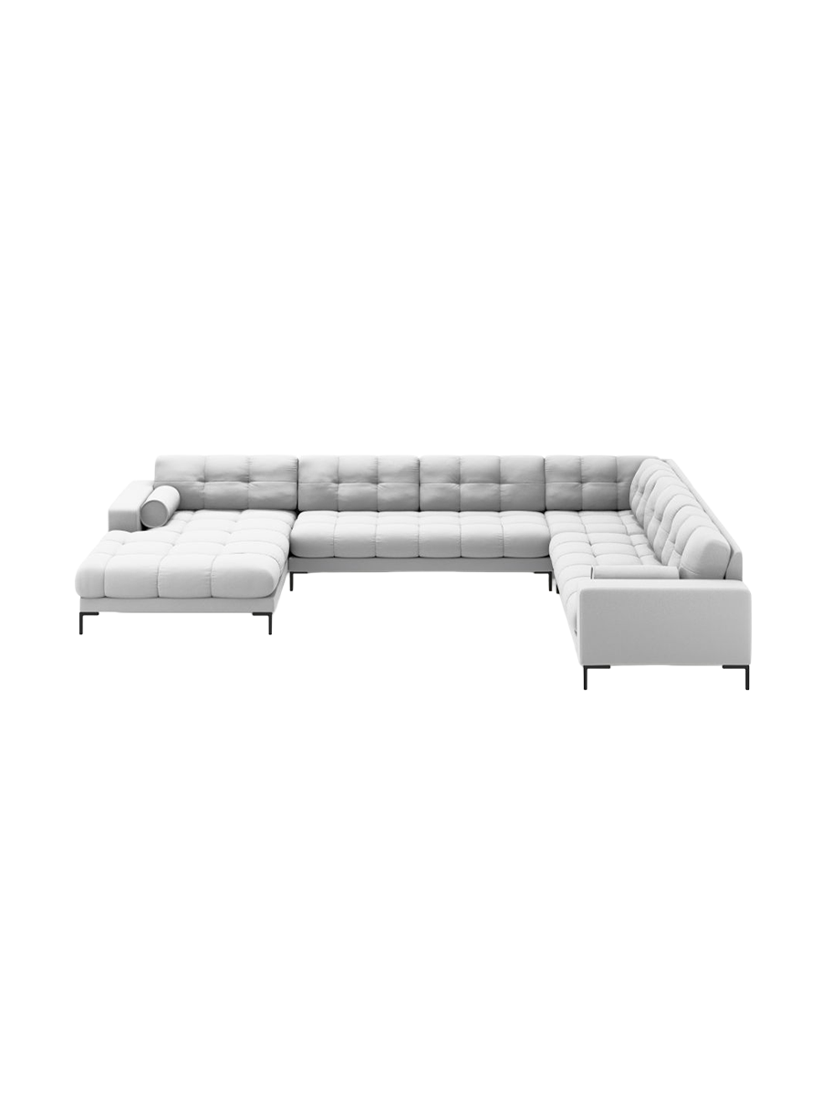 
7-Sitzer Design Panorama-Sofa „Bali II“ - Strukturstoff Hellgrau / Schwarz / Lange Seite rechts