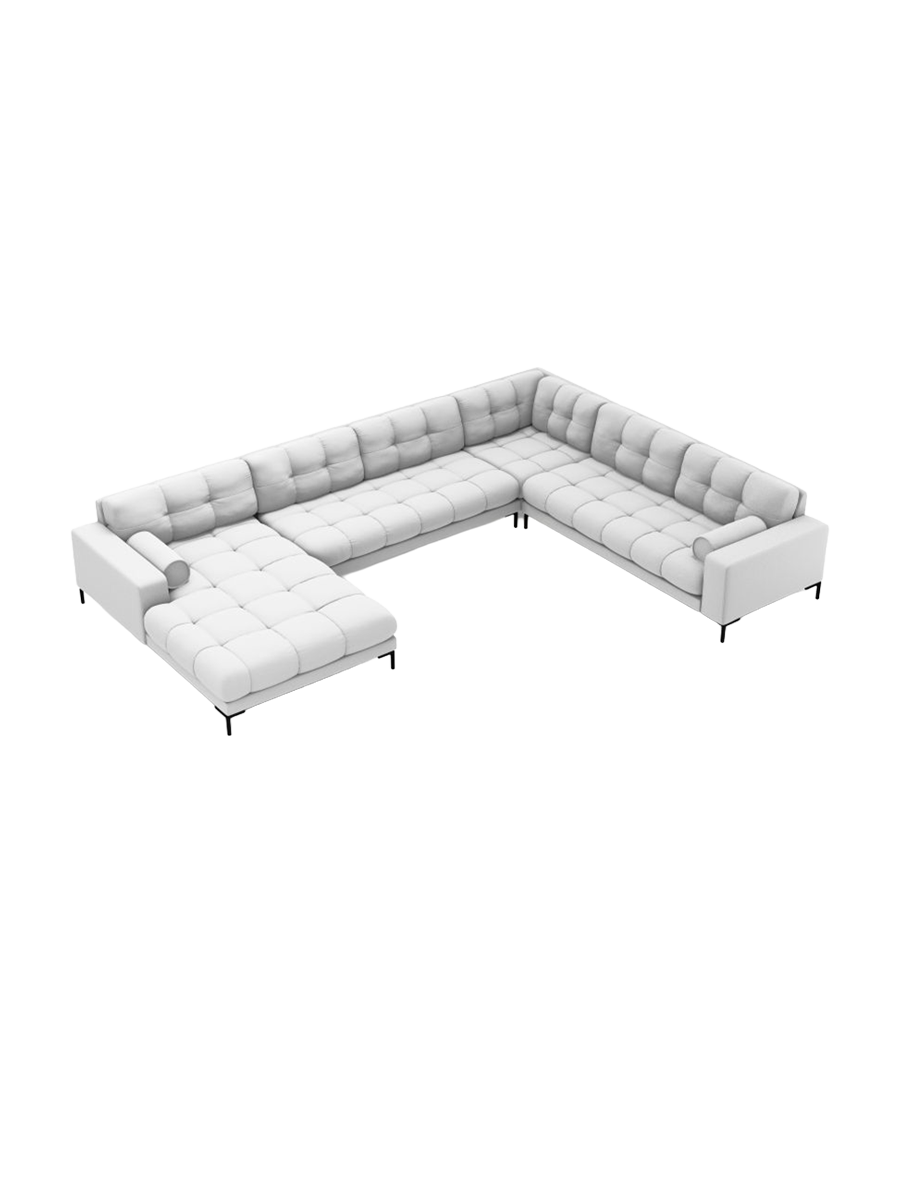 
7-Sitzer Design Panorama-Sofa „Bali II“ - Strukturstoff Hellgrau / Schwarz / Lange Seite rechts